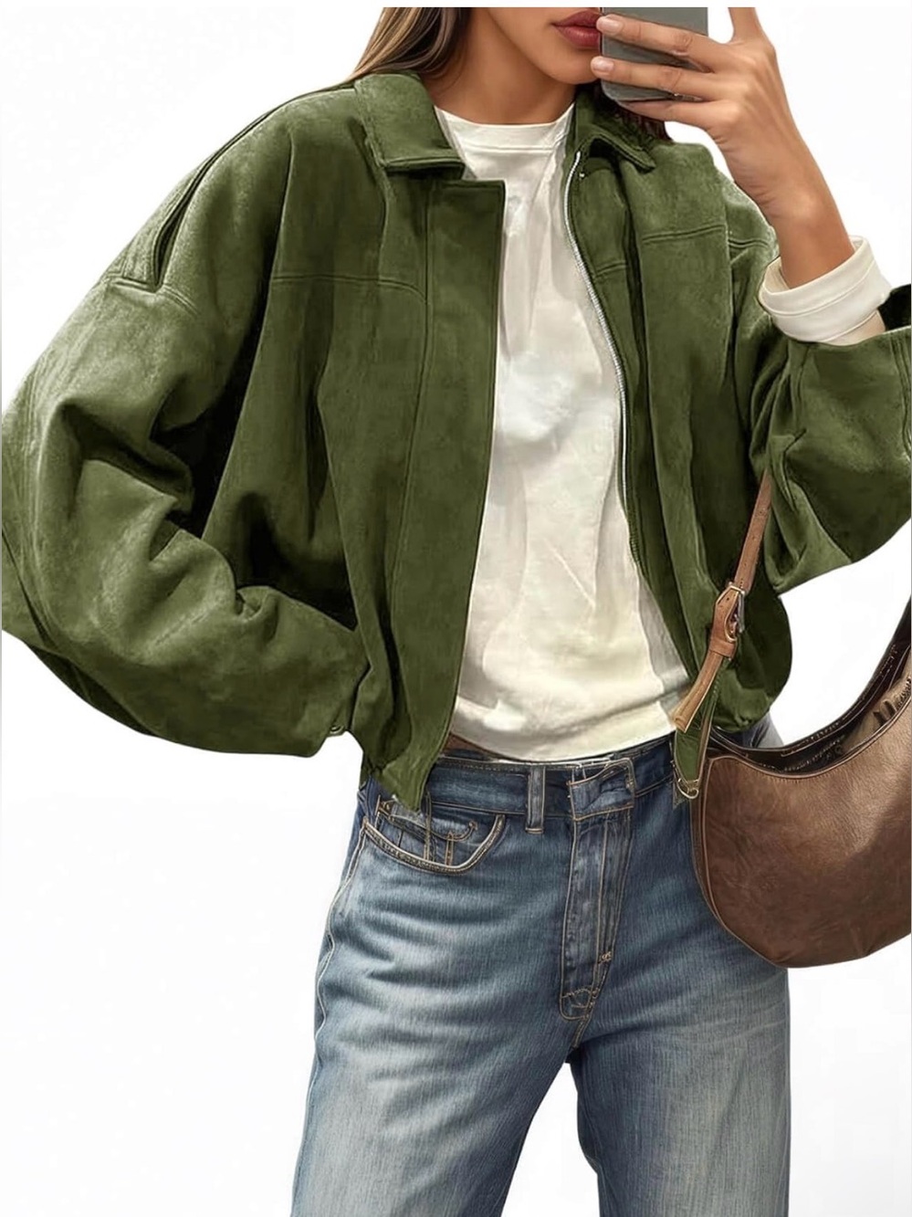 Olive Green Suede Bomber Jacket - Women